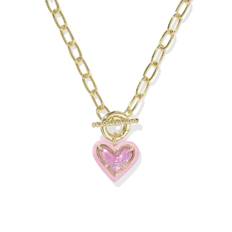 Kendra Scott : Ari Heart Gold Enamel Frame Link and Chain Necklace in Pink Iridescent Glitter Glass