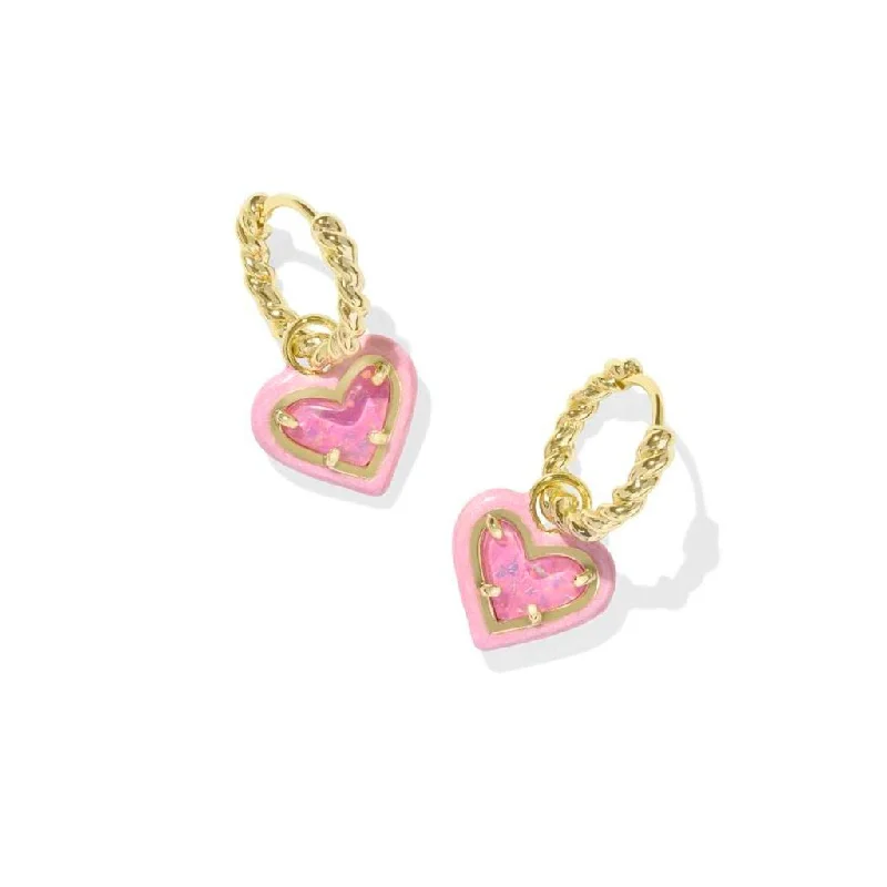 Kendra Scott : Ari Heart Gold Enamel Frame Huggie Earrings in Pink Iridescent Glitter Glass